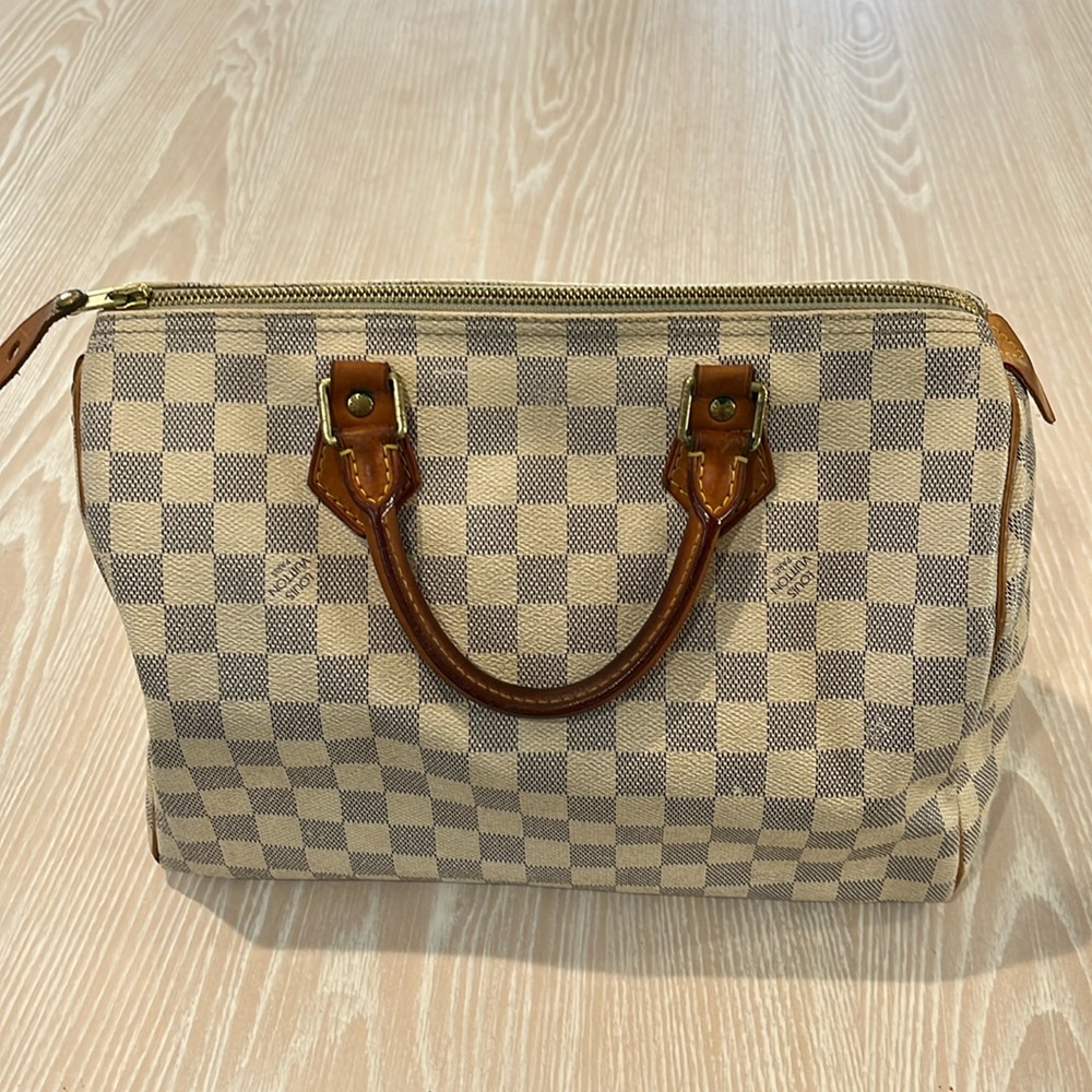 Louis Vuitton LV Damier Azur Speedy 30 white logo check bag handbag purse